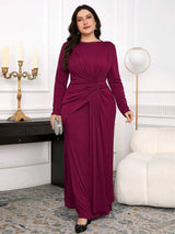 SHEIN Modelyn فستان عنابي طويل الأكمام مجعّد الخصر للمقاسات الكبيرة