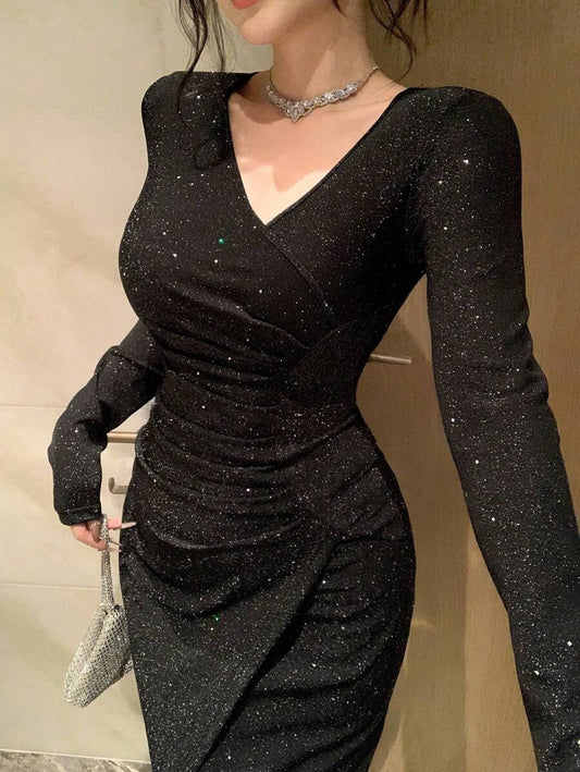 SHEIN qualityDAZY فستان سهرة طويل بلون أسود مزين بالفصوص اللامعة