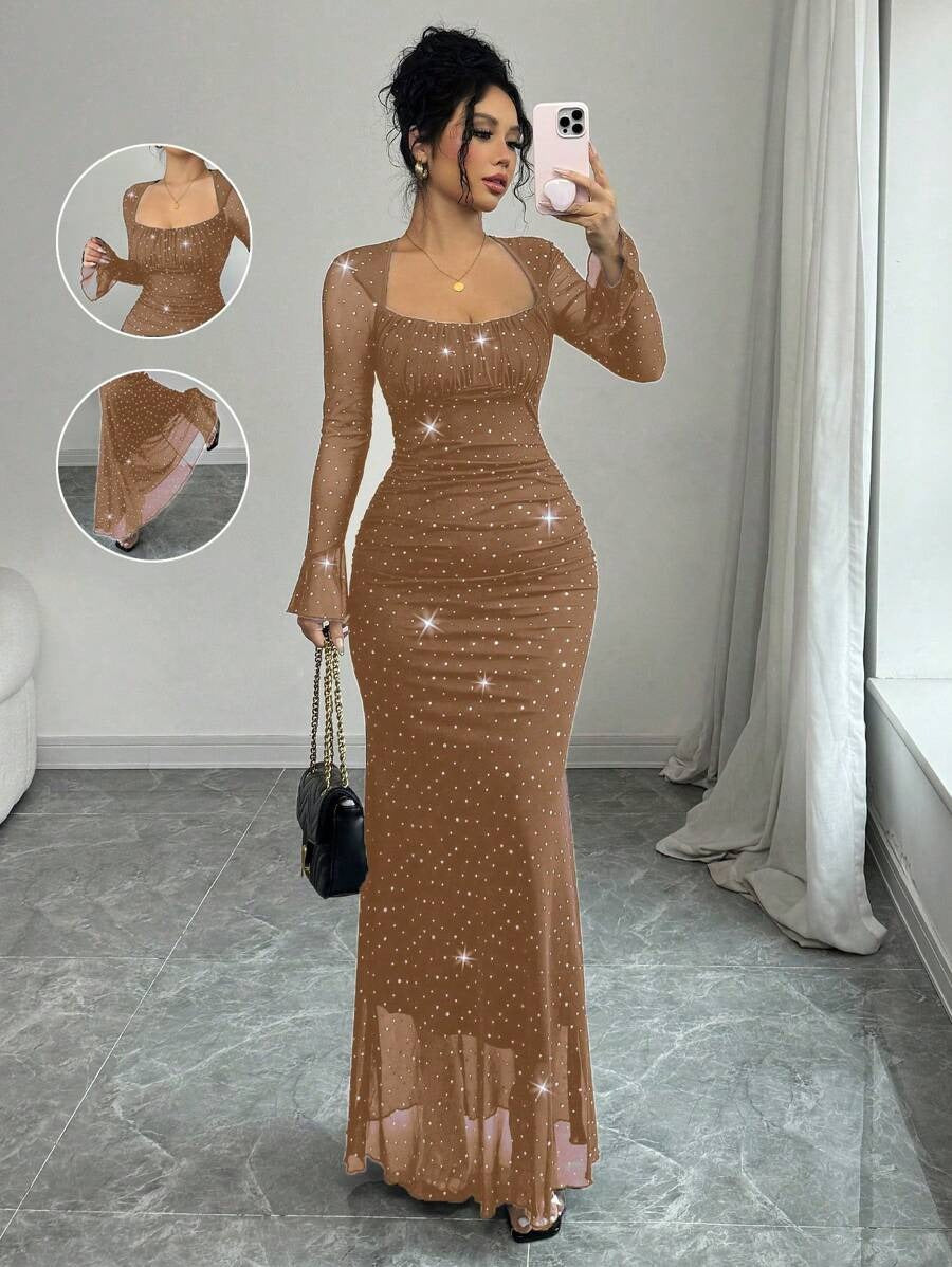 SHEIN Rafferiza  فستان أنيق وطويل بلون بني مزين باللؤلؤ
