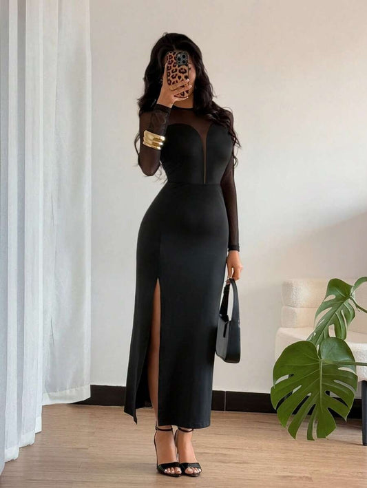 SHEIN Elenzga   فستان بقصة ضيقة  أسود طويل بأكمام شفافة