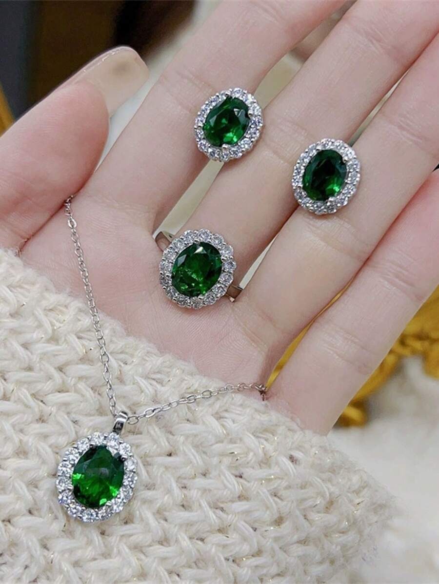 SHEIN طقم مجوهرات 4 قطع خضراء مزينة بزركونيا