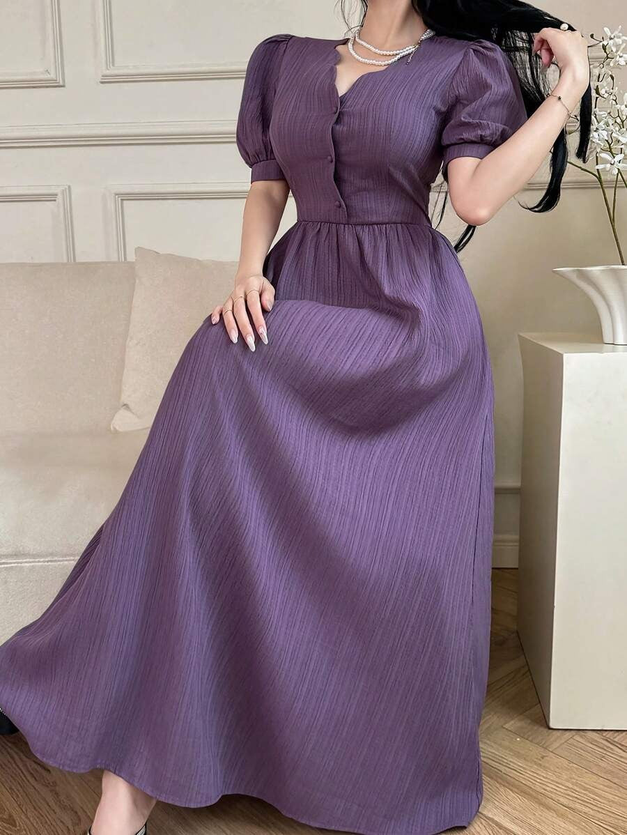 SHEIN Feyla فستان طويل بلون أورجواني وأكمام منتفخة