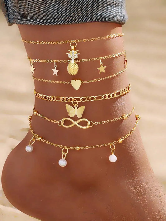 SHEIN سوار كاحل 5 قطع بوهيمي أناناس ولؤلؤ وفراشة مطلي بالذهب