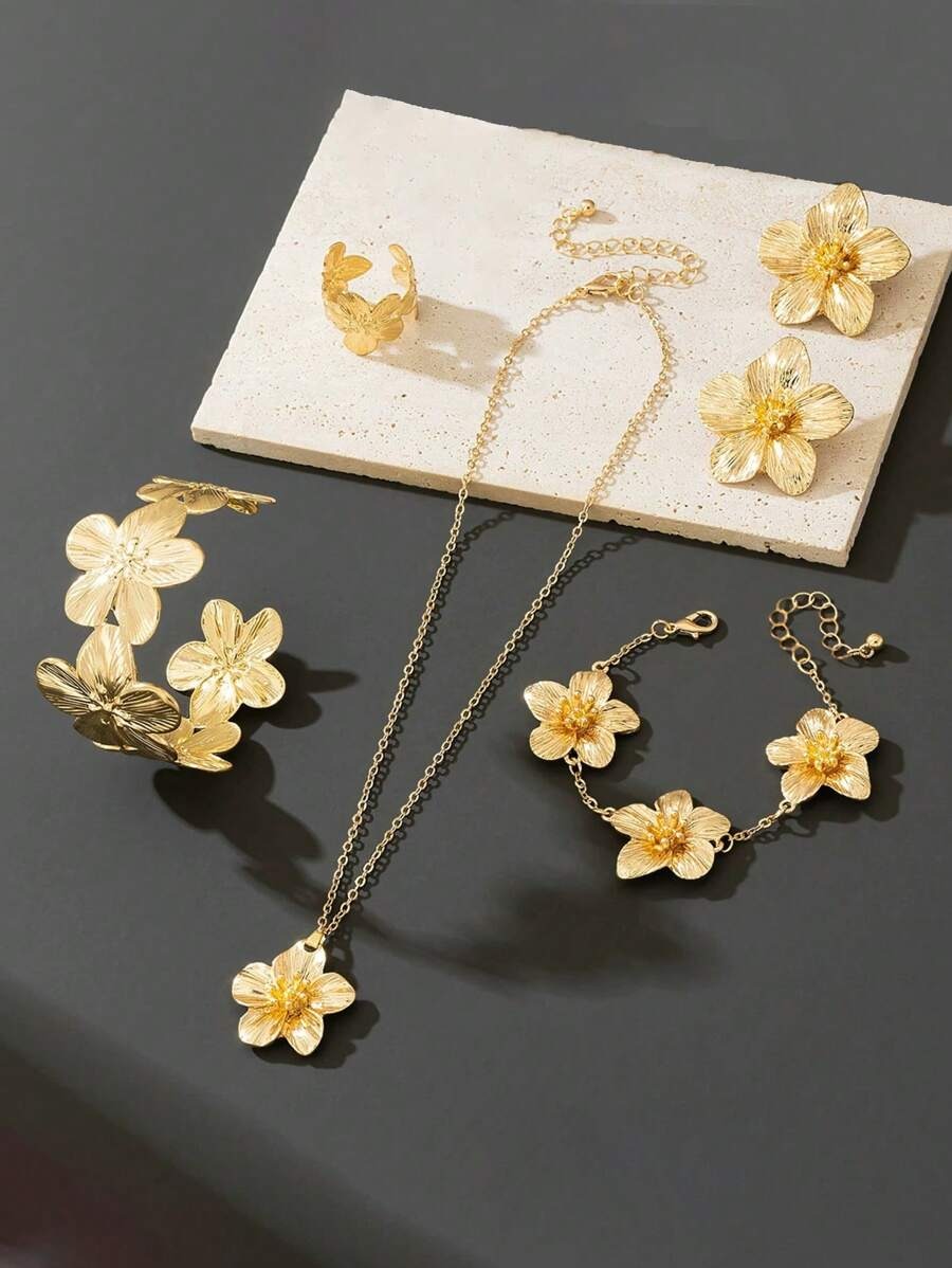 SHEIN طقم 6 قطع مجوهرات زهرة ذهبية وشراشيب