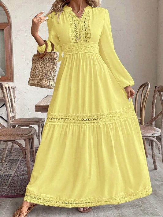 SHEIN فستان أصفر طويل بكسرات بكشكش
