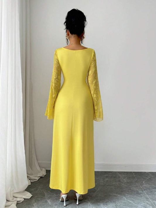 SHEIN Elenzga فستان أصفر بياقة مربعة وأكمام طويلة