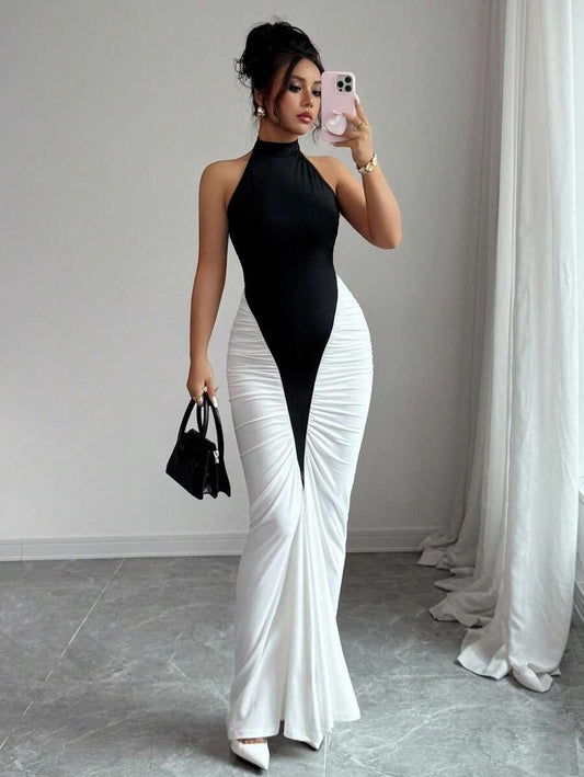 SHEIN فستان متوسط الطول بلون أبيض وأسود