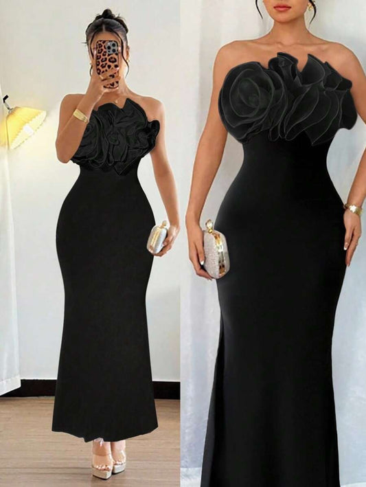 SHEIN Selianne فستان اسود طويل شيفون مزين بزهرات