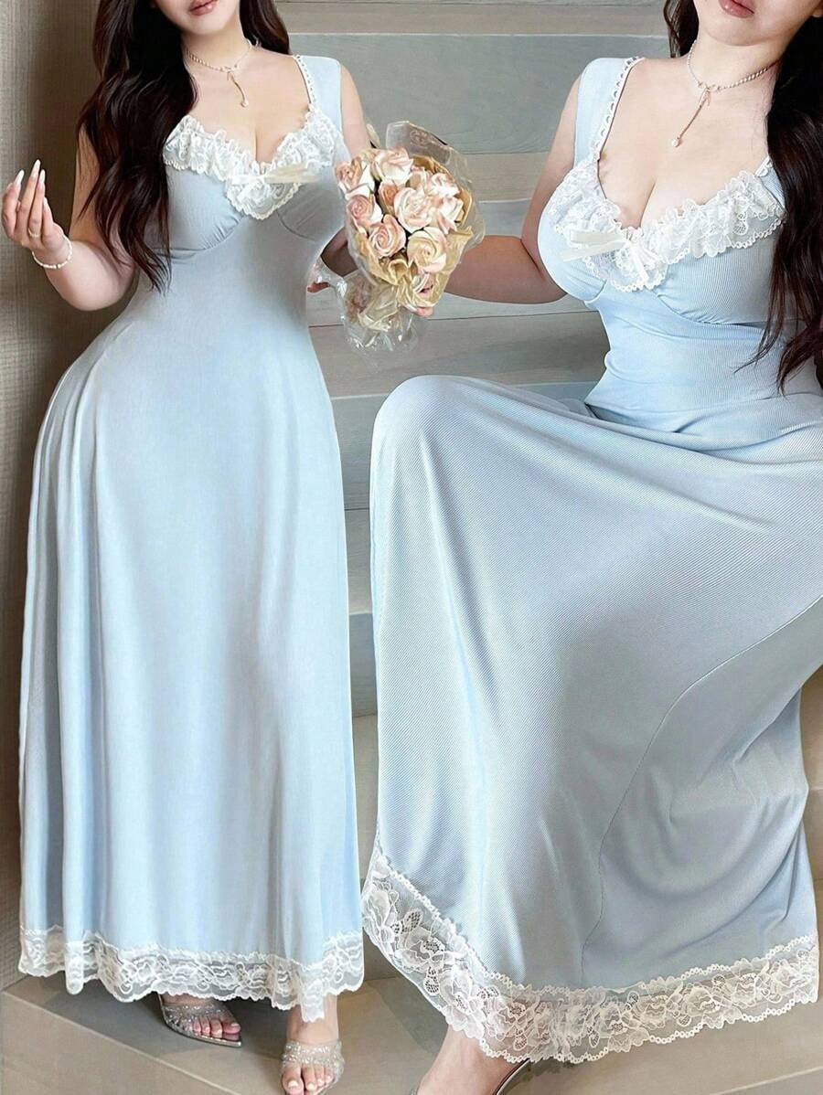 SHEIN Vibekara فستان نوم أزرق بياقة مرصعة بالماس