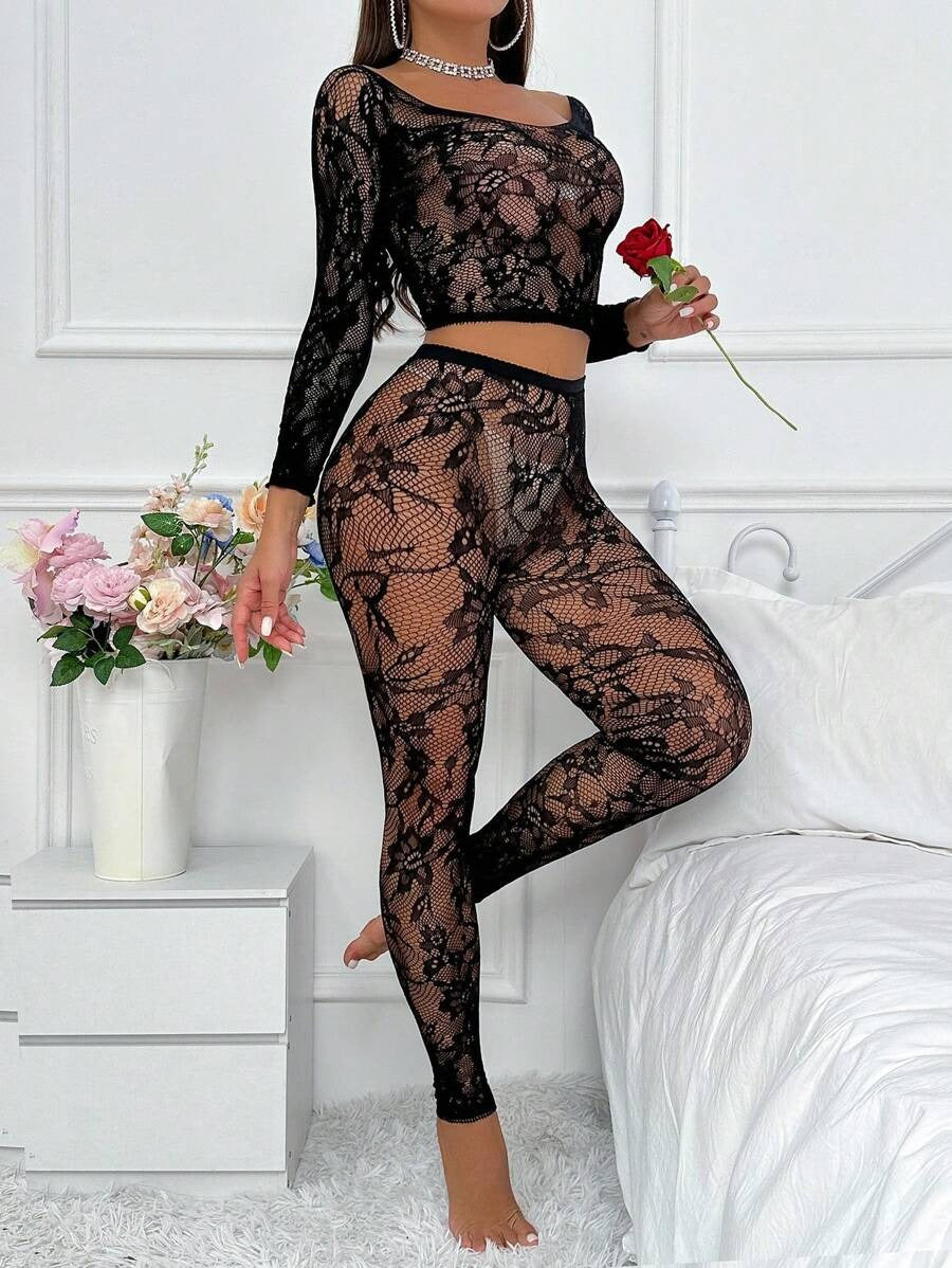 SHEIN طقم شفاف من قطعتين بالأسود قماش شبكي