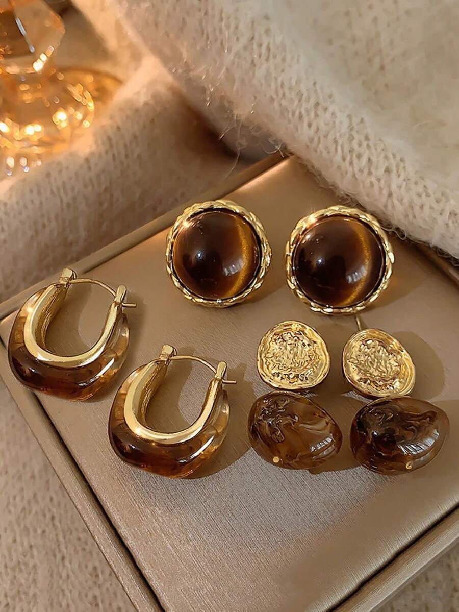 SHEIN طقم أقراط 3 أزواج راتنجية بنية بطراز عتيق
