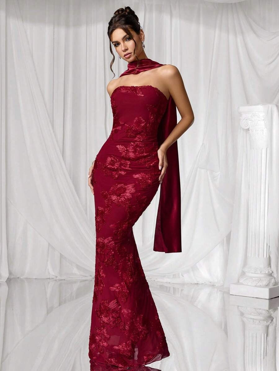 SHEIN Coutiva فستان سهرة أنيق بلون أحمر