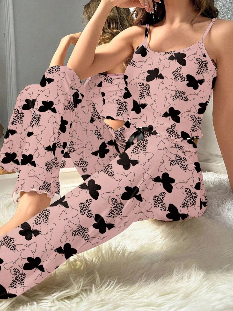 SHEIN طقم بيجامة فراشات نسائي كامي وبنطلون
