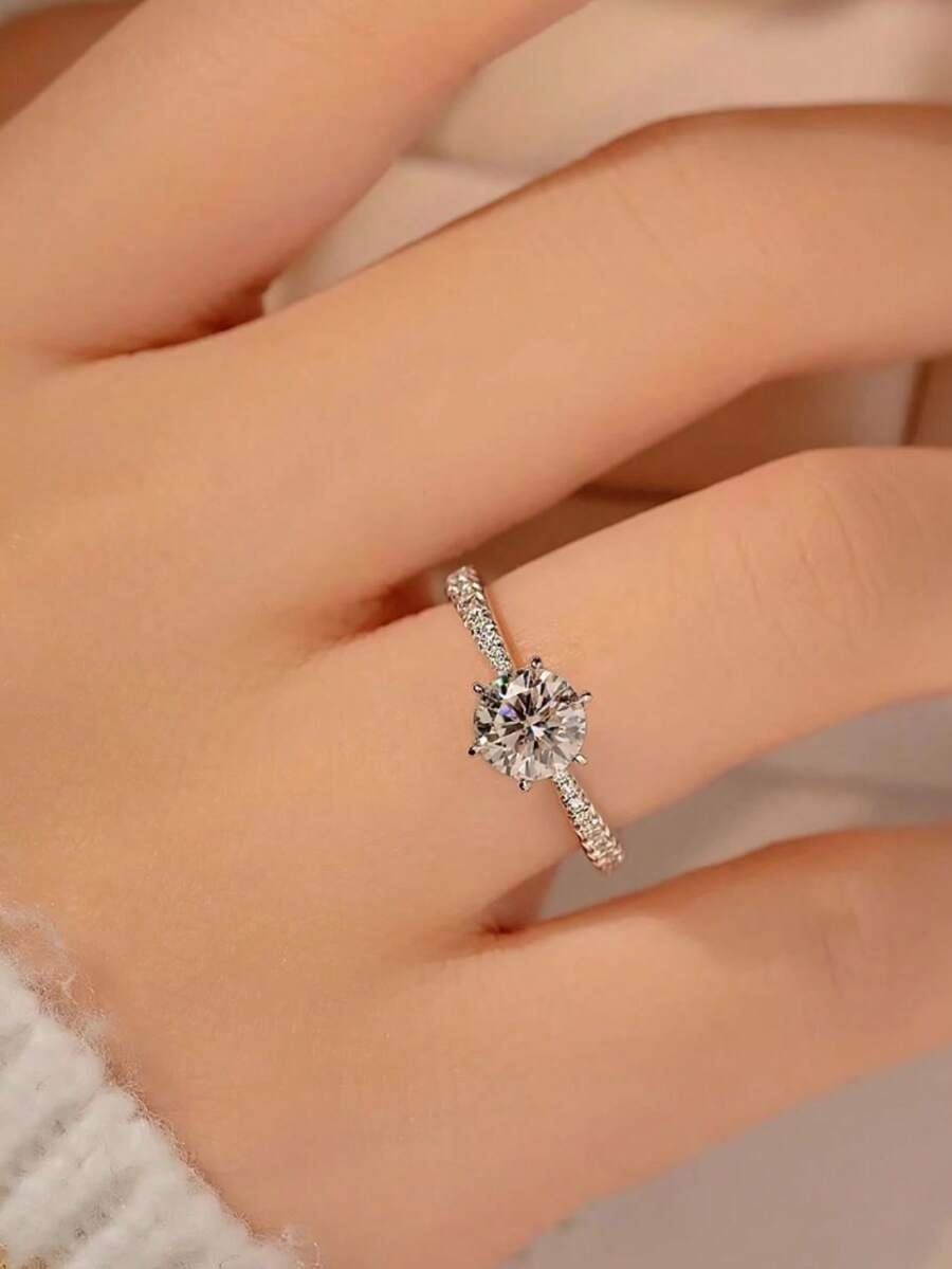 SHEIN خاتم زركونيا كلاسيكي باللون الفضي