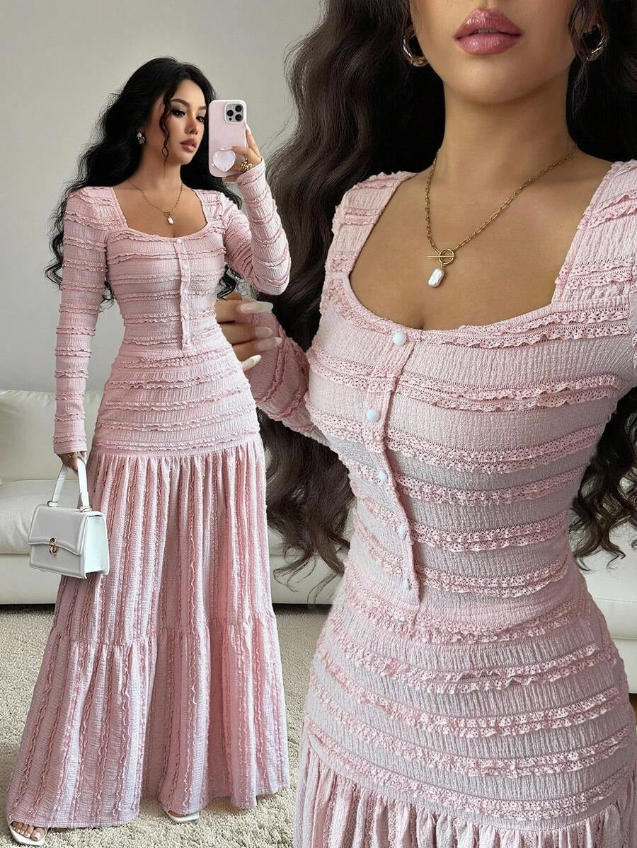 SHEIN Selianne طقم نسائي وردي من قطعتين بلوزة+تنورة طويلة
