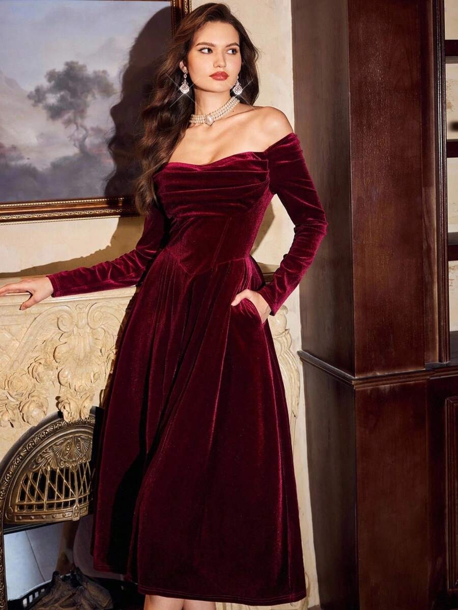 SHEIN فستان مخملي عنابي أنيق بجيوب وأكمام طويلة