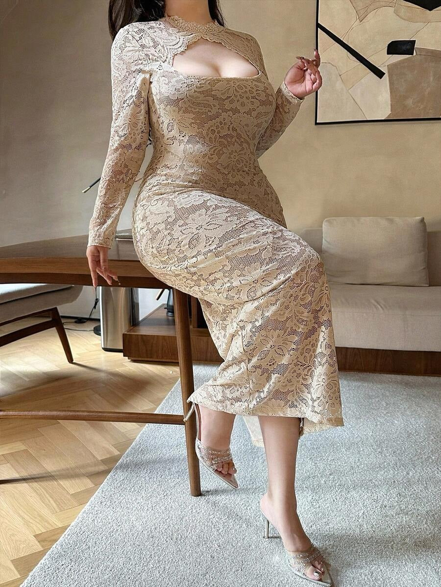 SHEIN Vibekara فستان أنيق مشمشي بحزام ودانتيل