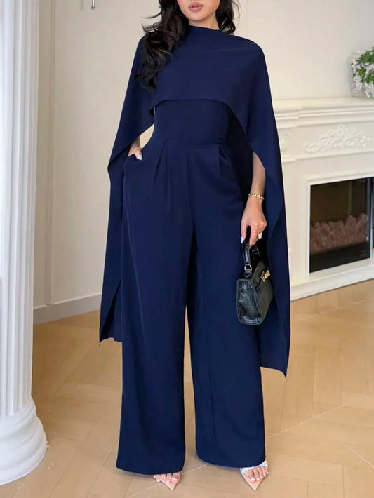 SHEIN Modelyn جمبسوت كحلي أنيق بتصميم بونشو وكاب ملكي من
