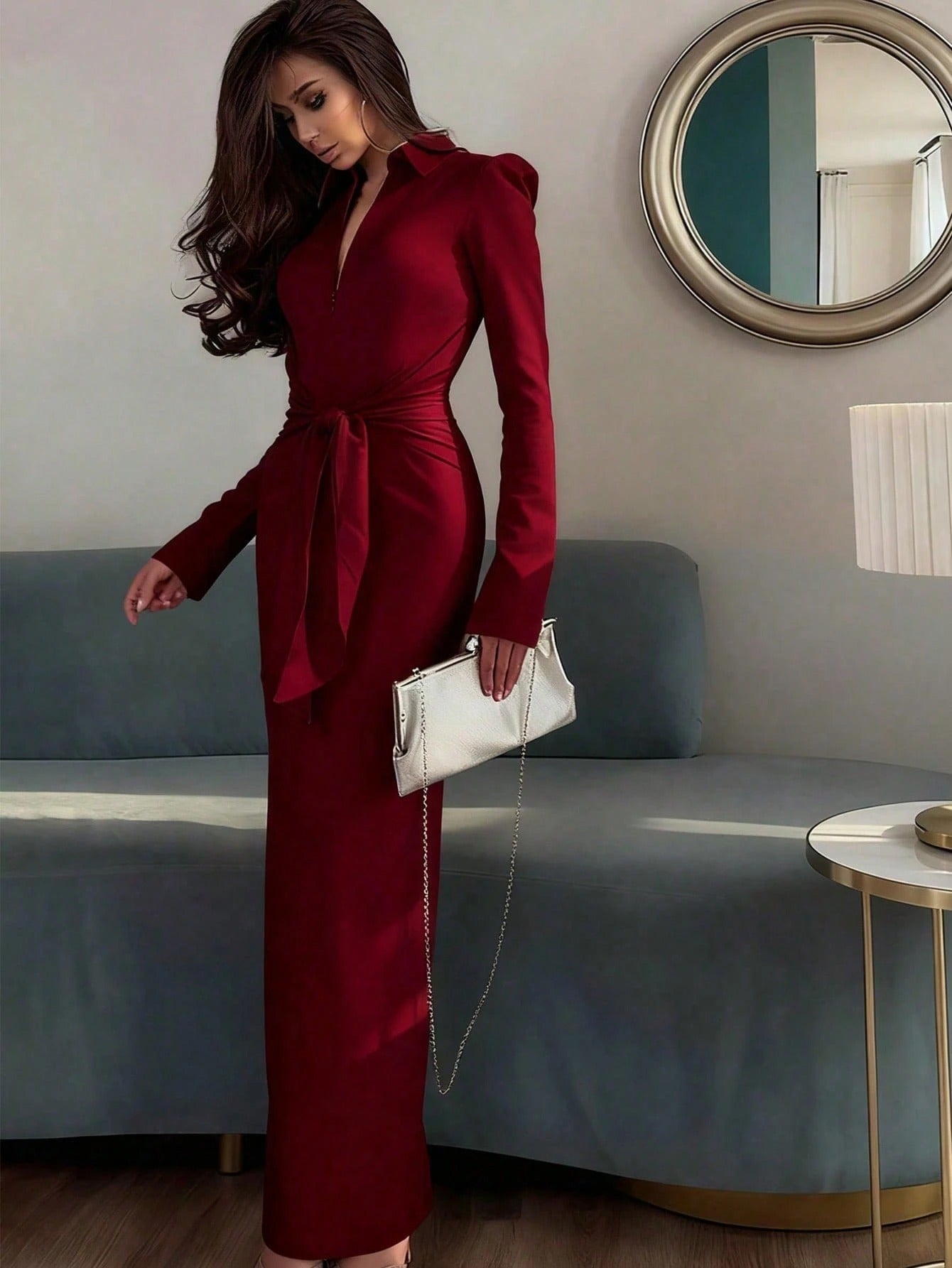 SHEIN فستان عنابي بأكمام طويلة وطوق وخصر مشدود بسحاب