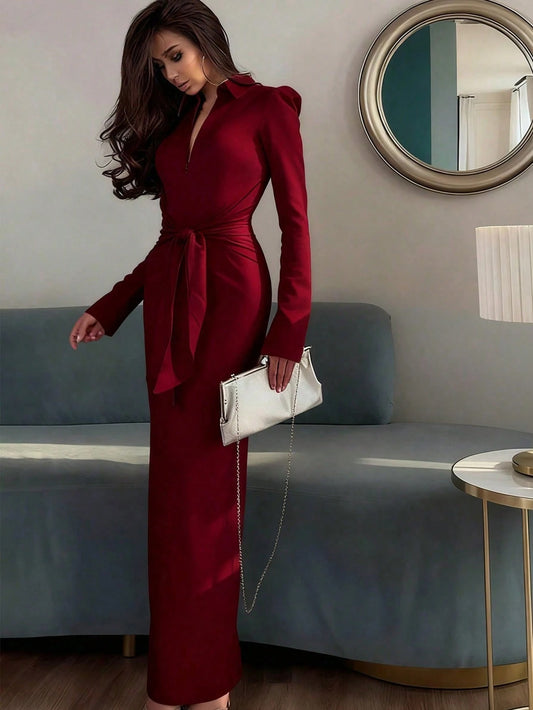 SHEIN فستان عنابي بأكمام طويلة وطوق وخصر مشدود بسحاب