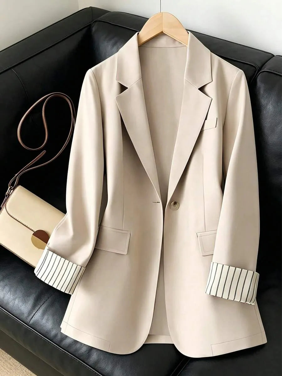 SHEIN بليزر نسائي بياقة كلاسيكية وزر واحد وأكمام طويلة بلون مشمشي