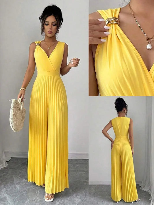 SHEIN Elenzga جمبسوت نسائية أنيقة للتنقل بياقة وأرجل بليسيه من