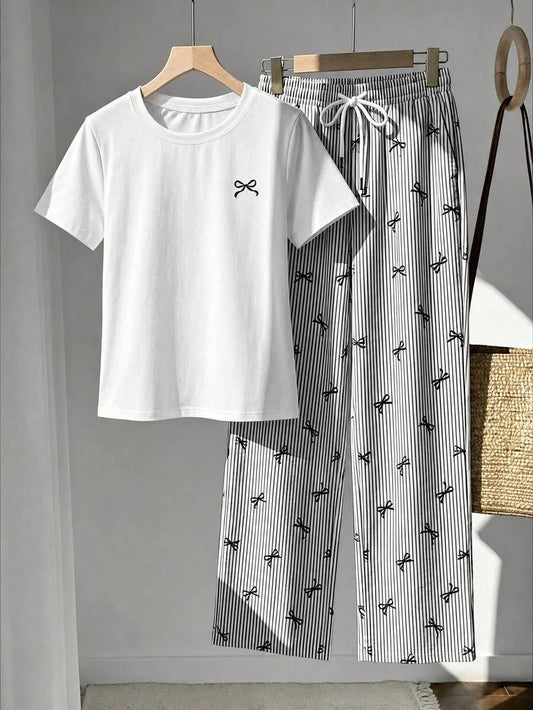 SHEIN Comfortcana طقم نسائي كاجوال بقميص مطرز بفيونكة وبنطال مخطط بطبعة الفيونكات