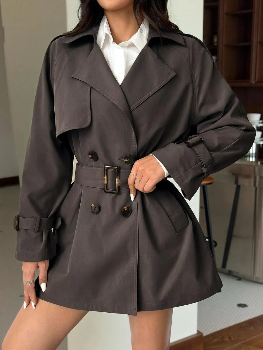 SHEIN EZwear معطف ترنش نسائي متوسط الطول مزدوج الأزرار