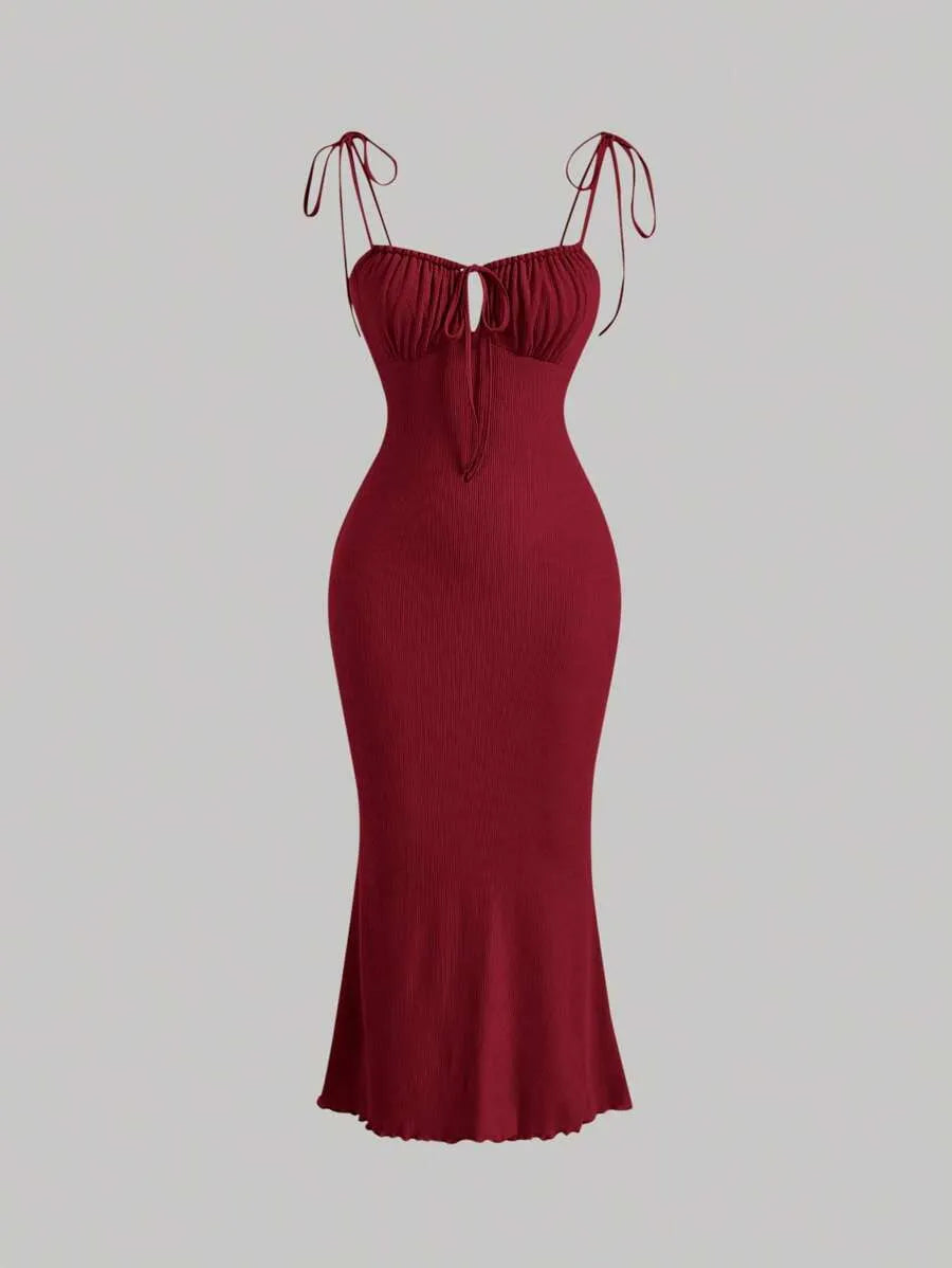 SHEIN MOD فستان كامي نسائي طويل برباط أمامي ورباط كتف بلون عنابي