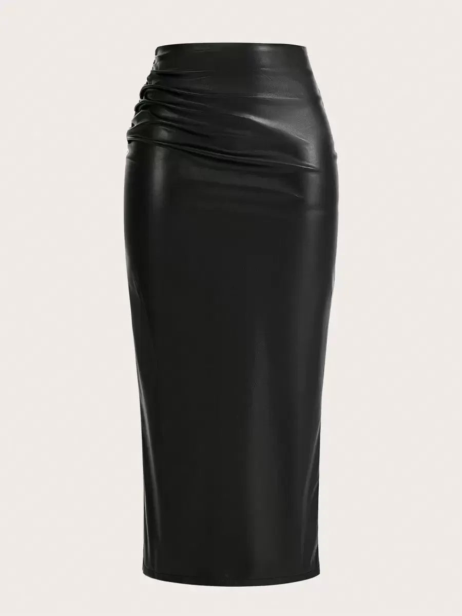SHEIN GlowEve تنورة جلد صناعي طويلة بخصر مرتفع وثنيات وشق جانبي بلون أسود
