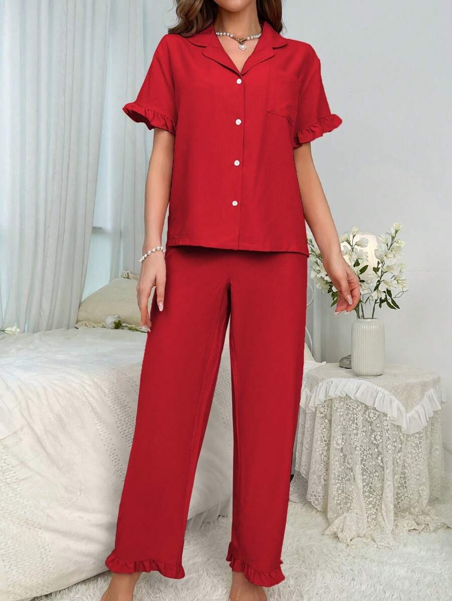 SHEIN طقم بيجامة أحمر بكشكش وتطريز ناعم