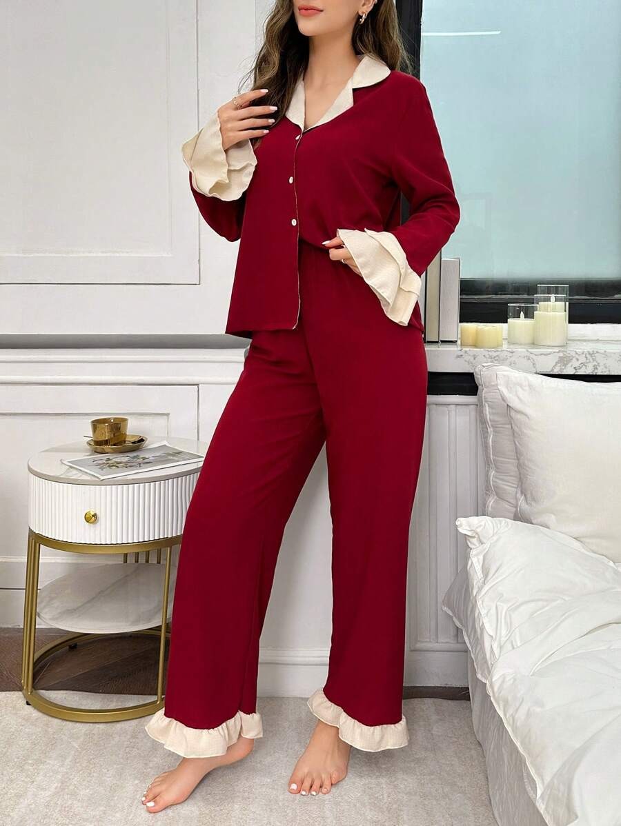 SHEIN طقم بيجامة عنابي بأكمام