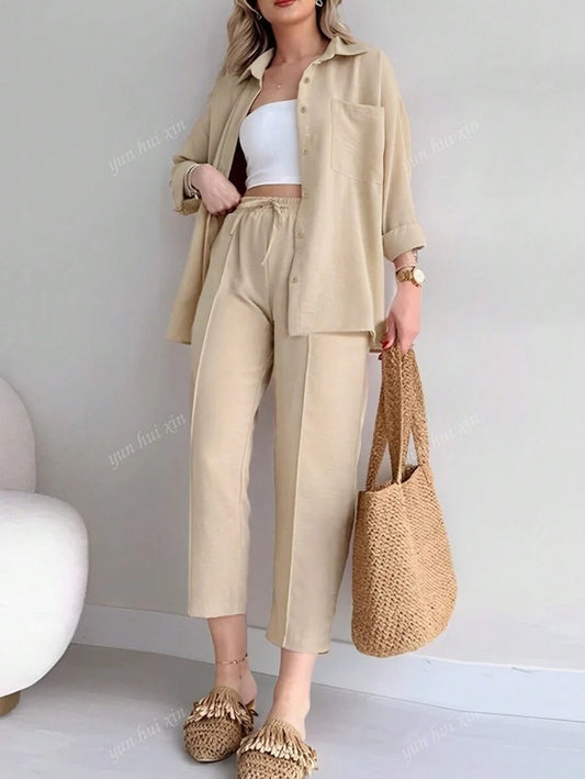 SHEIN  طقم كاجوال ناعم مكون من بلوزة  مع بنطلون واسع برباط خصر بلون مشمشي