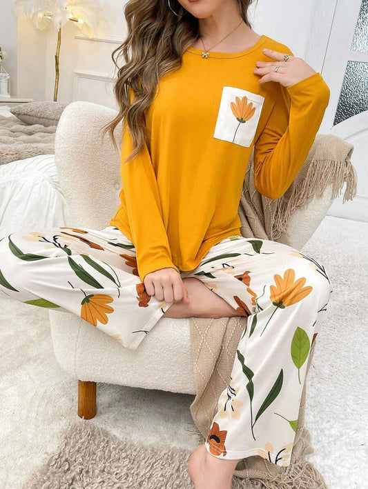 SHEIN طقم بيجامة بأكمام طويلة وبنطلون مطبوع