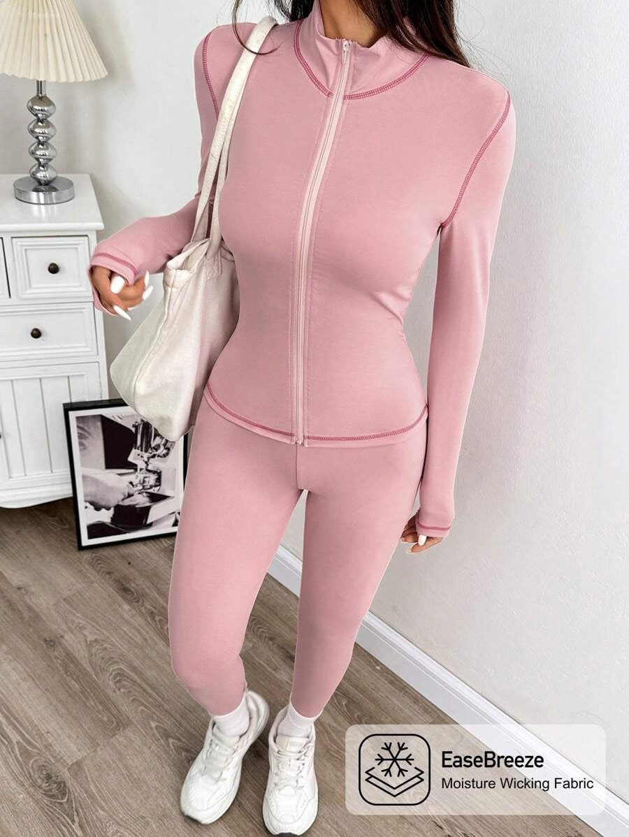 SHEIN EZwear طقم رياضي وردي جاكيت مع سروال ضيق