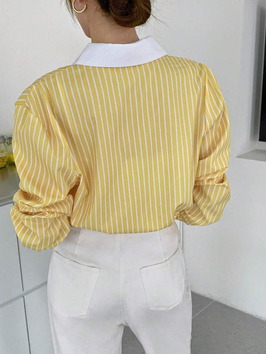 SHEIN INAWLY  قميص خفيف وطويل الأكمام مخطط بلون ناعم بلون أصفر