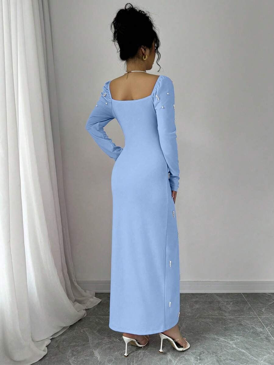 SHEIN فستان أزرق أنيق مزخرف بالخرز وقصة ضيقة