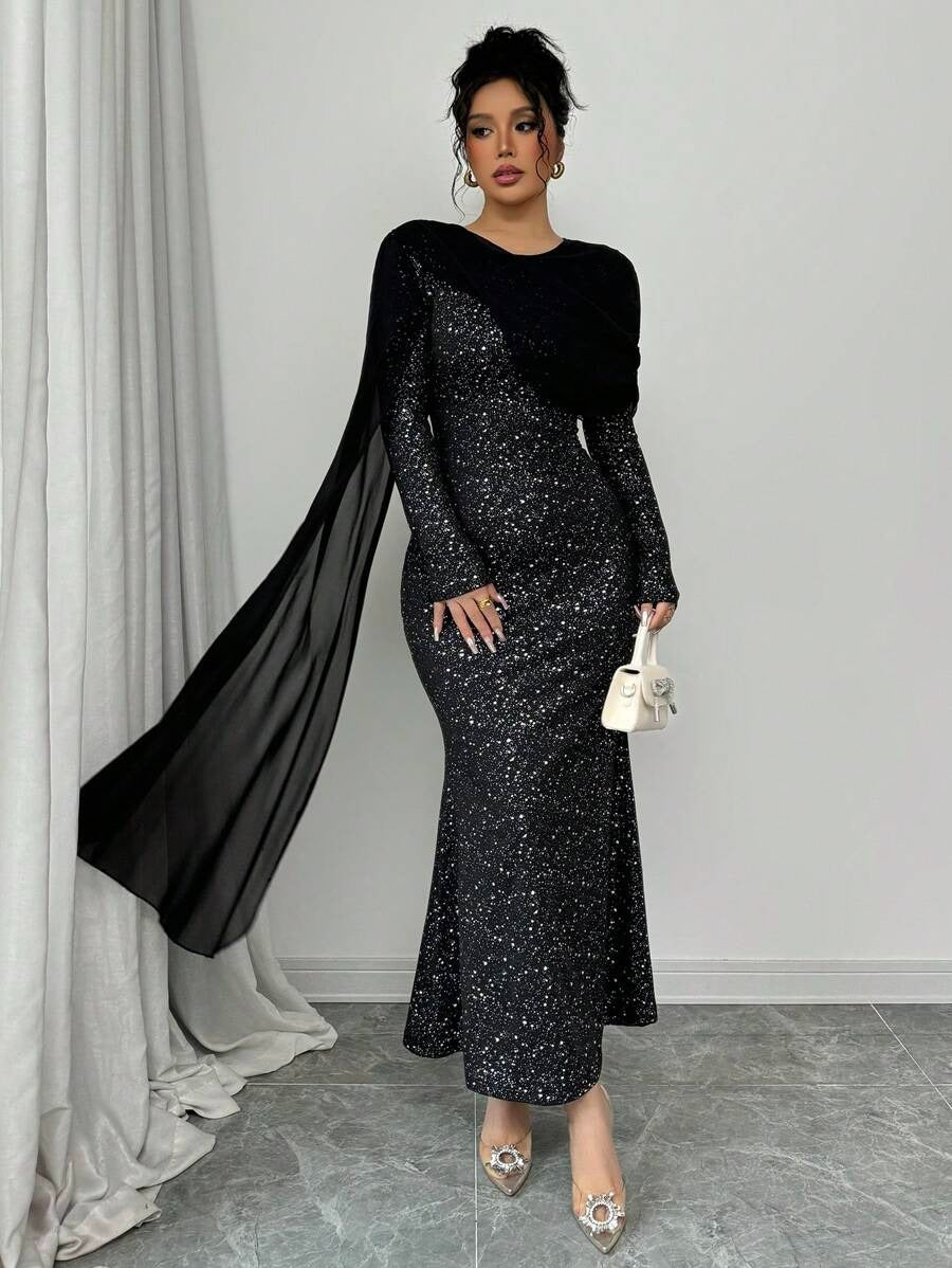 SHEIN Chiquease فستان سهرة أسود مزين بفصوص لامعة
