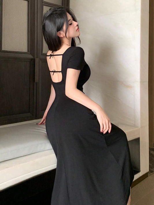 SHEIN فستان ميدي أسود بظهر مفتوح