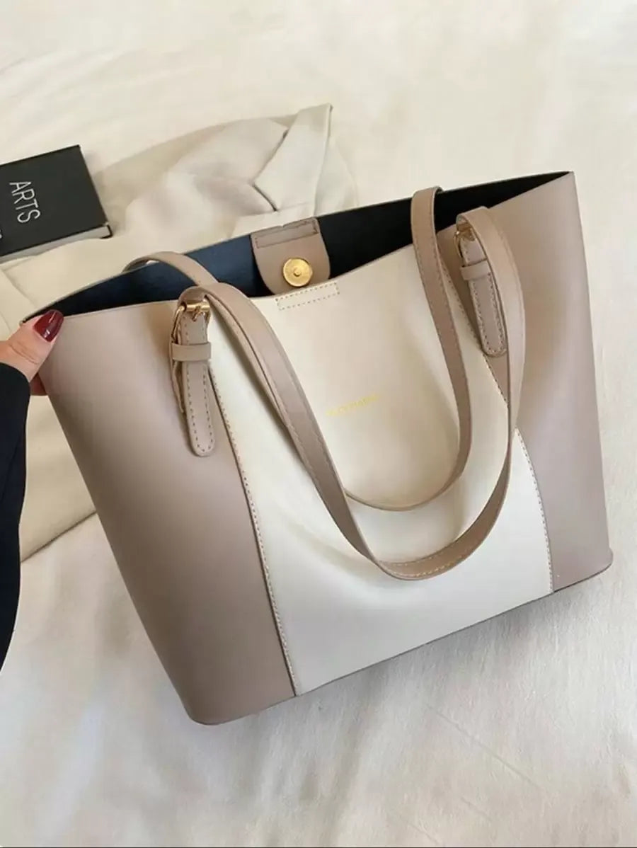 SHEIN حقيبة يد وكتف سوداء كبيرة من جلد البولي يوريثان بسيطة