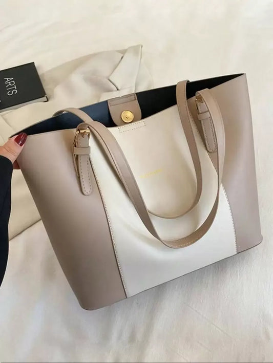 SHEIN حقيبة يد وكتف سوداء كبيرة من جلد البولي يوريثان بسيطة