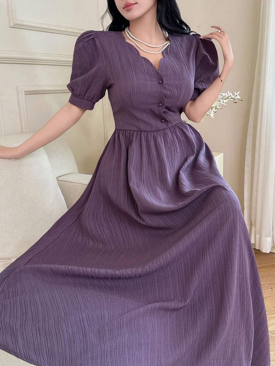 SHEIN Feyla فستان طويل بلون أورجواني وأكمام منتفخة