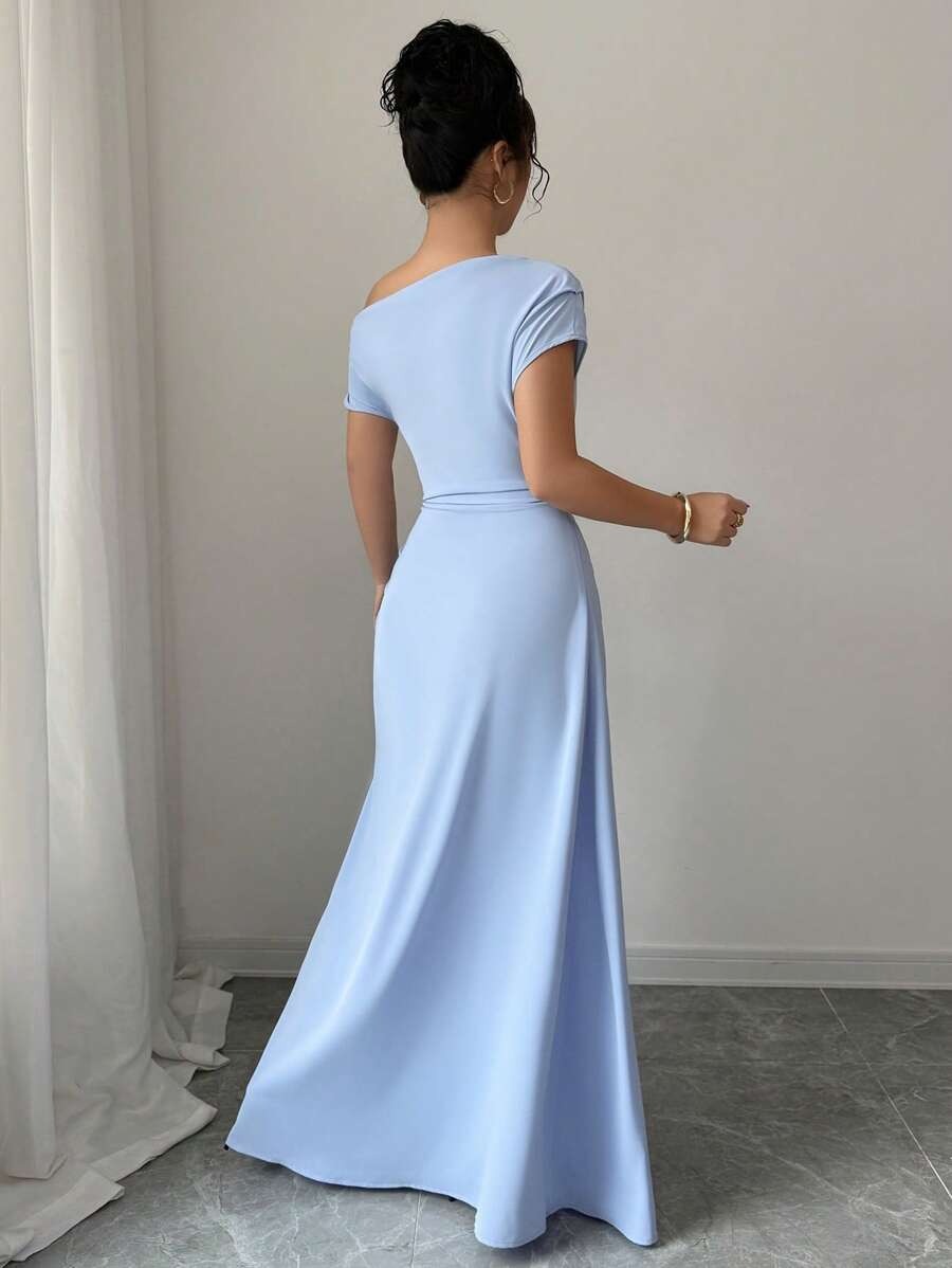 SHEIN Elenzga فستان أنيق بلون أزرق هادي بخصر مطوي