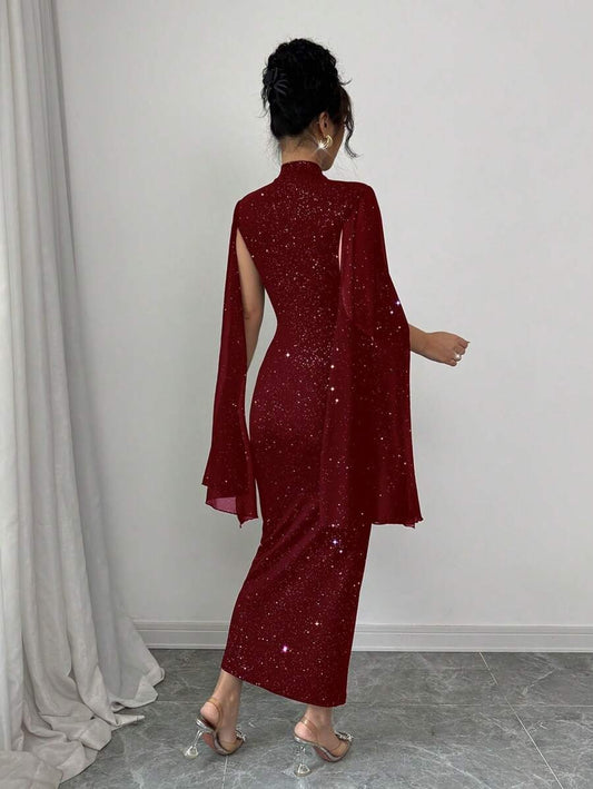 SHEIN Elenzga فستان أحمر ضيق مع شال منسدل من الكتف