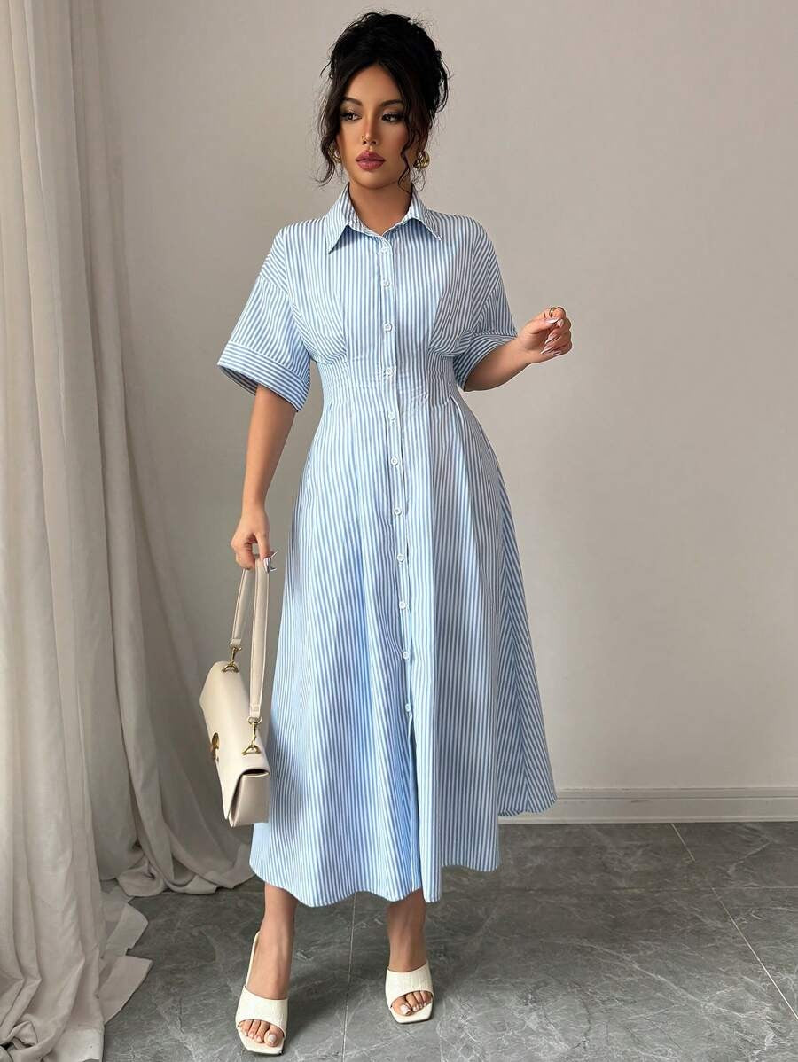 SHEIN فستان قميص أزرق بخطوط وياقة ورباط خصر
