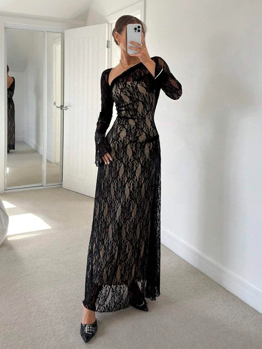 SHEIN Siren Gaze فستان أسود شبك طويل بأكتاف متدلية