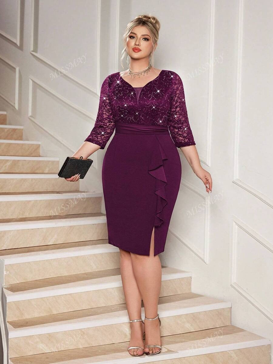 SHEIN فستان سهرة بلون كستنائي بترتر وتطريز