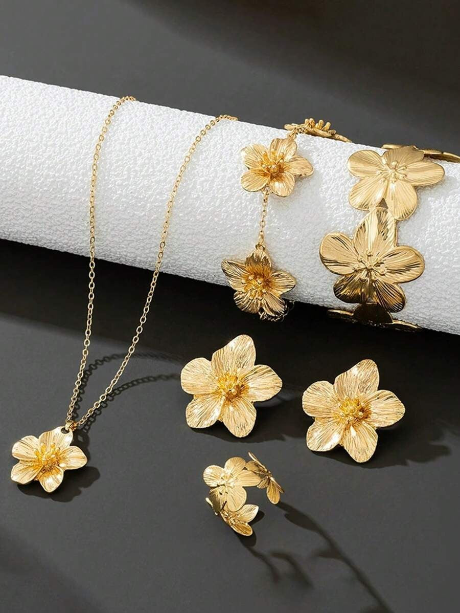 SHEIN طقم 6 قطع مجوهرات زهرة ذهبية وشراشيب