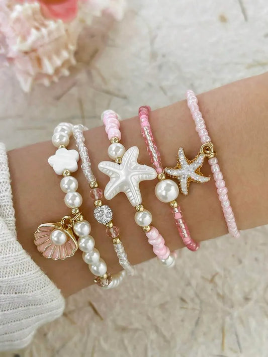 SHEIN طقم أساور خرز ولؤلؤ وصدف بوهيمي 5 قطع