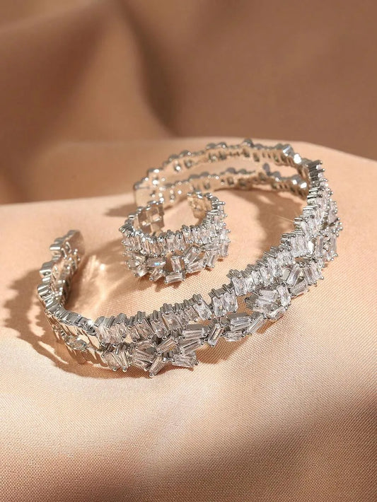 SHEIN RAKOL طقم خاتم وسوار زركونيا مكعبة منحنية قطعتين